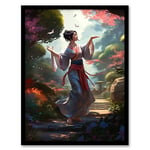 Artery8 Geisha Performing in Tranquil Garden Painting Graceful Traditional Dance in Spring Bloom Flowers Artwork Framed Wall Art Print 18X24 Inch