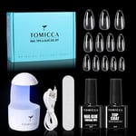 TOMICCA Kit Capsule Americaine Ongle - Pose Americaine Ongle Kit, 240 PCS Capsules Ongle Amande Moyens, Avec 6 en 1 Colle Faux Ongles Top Coat Semi Permanent Et Mini Lampe UV Ongles Gel