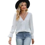 IHCEMIH Women Tops, Women's Long Sleeve Blouses V Neck Eyelet Puff Sleeve Lace Shirt Dressy Casual Work Top Basic Blouse Autumn Clothes Classy Outfits for Ladies UK White S