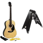Martin Smith Acoustic Guitar with Guitar Strings, Guitar Plectrums & Guitar Strap - Natural & Martin Smith AGS-02 Portable folding Guitar Stand Classical Guitar Stand Acoustic Guitar Stand