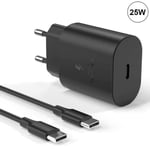 25W USB-C-laturi, musta + 1 m:n USB-C-USB-C-kaapeli Samsung Galaxy A15-, A05-, A05s-, A25-, A35- ja A55-puhelimille