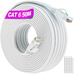 Cat 6 Cable Ethernet 50m, Cable RJ45 Blanc Plat Cable Réseau Haut Débit Fibre 1000Mbs UTP Gigabit Cable LAN, Internet 50 Mètres Exterieur Long Cable Patch Impermeable pour Routeur Modem.[G128]