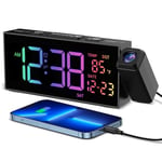 Netzu Projection Alarm Clocks Bedside, Loud Alarm Clock with 350° Rotatable Projector, Temperature, Date, 10 Alarmtones, 4 Volumes, USB Charger, Projector Alarm Clock for Bedroom Living Room (RGB)