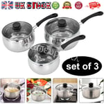 3Pcs Induction Pan Set Saucepan Set Cookware Pot Stainless Steel with Glass Lids