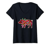 Womens Plaid Buffalo Pig Christmas Pajamas Xmas Lights Family Women V-Neck T-Shirt