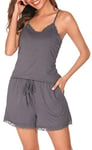 Wikoan Ensembles Short Pyjama Femme Sexy Court Pyjama en Dentelle Col V Cami et Shorts pour Femmes Vêtements Été d'Intérieur 2 Pièces Gris Foncé S