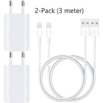 (2x) 3M Lightning laddare iPhone 13/12/11/ Xs/Max/X/8/7/6/5SE (2-Kabel / 2-USB) 3 Meter