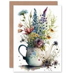 Spring Wildflower Floral Bouquet in a Teapot Vase Flowers Nature Birthday Sealed Greetings Card