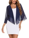 Aottori Cardigan Boléro Court Femme en Mousseline de Soie Gilet à Manches Évasées 3/4 Boléro Veste Elégant Chic pour Robe Bretelle Mariage Marine M