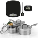 Salter Stainless Steel Saucepans With Measuring Set, Kitchen Scale,  16/18/20 cm