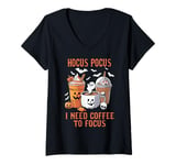 Womens Halloween Coffee Lover Hocus Pocus I Need Coffee To Focus V-Neck T-Shirt