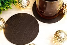 Set of 6 Classic Brown Bonded Leather Round Coasters - Made in the UK