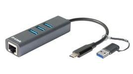 D-Link USB-C/USB-A til Gigabit Ethernet-adapter med 3 USB 3.0-porte