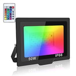 SKYWORLD 50W RGB Led Flood Lights, Colour Changing Floodlight Security Light IP66 Waterproof Garden Lights with Remote Control 16 Colours 4 Modes for DIY Scene, Outdoor Decoration Stage Lights 1PCS