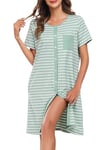 Lovasy Chemise de Nuit Femme Coton Chemise de Nuit Manches Courtes à Rayure Robe De Nuit Boutonnée Devant Tee Shirt de Nuit Femme Grande Taille avec Poches Latérales A Vert Clair M