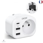 LENCENT Adaptateur Prise Anglaise Française, avec 2 Ports USB et 1 Port USB-C 