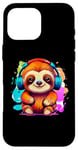 Coque pour iPhone 16 Pro Max Kawaii Paresseux Avec Casque Musique Paresseux Coloré Graphique