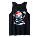 Cartoon Ice Hockey Puck Snowman with Santa Hat Christmas Tank Top