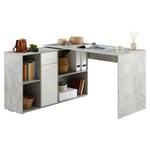 Bureau d'angle CARMEN avec meuble de rangement intégré 4 étagères 1 porte et 1 tiroir, décor béton et blanc mat