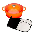 Le Creuset Signature Cast Iron Round Casserole, 22 cm, Volcanic and Textiles Double Oven Glove, Black