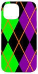 Coque pour iPhone 15 Clowncore Halloween Losanges Plaid Violet Vert Clown Jester