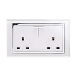 Retrotouch Crystal 13A 2-Gang DP Switched Plug Socket White Glass with Chrome Trim, w8 x h86 x d146 mm