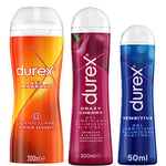 DUREX Lot de 3 Gels Lubrifiants Intimes - pour Massage 2 en 1 Ylang Ylang 200ml - Sexuel Crazy Cherry 100ml - Sensitive 50ml