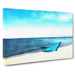 Blue Boat Upon The Beach Painting Modern Art Canvas Wall Art Print Ready to Hang, Framed Picture for Living Room Bedroom Home Office Décor, 20x14 Inch (50x35 cm)