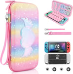 10 En 1 Pochette De Transport Compatible Avec Nintendo Switch Oled, Nouveau Arc-En-Ciel Étui Rigide De Housse Avec Poignée, Coque Switch Pour Accessoire & Console Pour Cadeaux Filles(Rosa