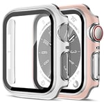 2 Pièces Coque pour Apple Watch Series 6/5/4/SE Protection Écran Femmes Hommes,Dur PC Case HD Clair Verre Trempé Anti-Choc Housse de Protection pour Apple Watch 44mm Cover，Rose&Argent/Blanc&Argent