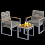 CASARIA® Salon de Jardin Gris Acacia en polyrotin 2 chaises 1 Table Pieds réglables Résistant aux intempéries Balcon Meubles Lounge