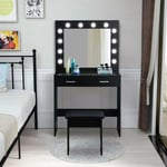 Clipop - Coiffeuse avec lampes led et tabouret, coiffeuse, 2 grands tiroirs et tabouret,coiffeuse miroir led,coiffeuse bureau 2 en 1, Noir