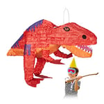 relaxdays Pinata à suspendre Dinosaure T-Rex, Pour enfants, à remplir anniversaire jeux décoration papier, rouge, 10028078