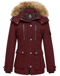 Wantdo Femme Manteaux Chaude Doublure Polaire Veste d'Extérieur d'hiver Manteau à Capuche en Fausse Fourrure Parka Militaire Slim Fit Rouge L