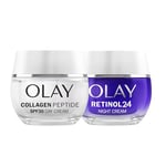 Olay Collagen Peptide Face Moisturiser Day Cream SPF 30 with Niacinamide and Antioxidant Vitamin E 50ml + Retinol 24 Night Cream Face Moisturiser 50ml, Skincare for Advanced Anti-Ageing