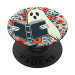 Cute Spooky Ghost Reading Book Retro Orange Floral Bookworm PopSockets Swappable PopGrip