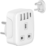 UK-omvandlare för Indiens uttag, UK till Indien reseadapterplugg, UK till Indien jordad reseadapter med 4 USB-portar USB snabb reseladdare