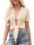 Boléro Femme Chic et Élégante Boléro Manches Courtes Côtelée Été Élégant Veste Court Boléro Robe Cardigan Ouverte Devant Cardigan Transparent Léger Nouveau Plain Fish Net Tricoté Tie Up Top Beige,S