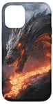 Coque pour iPhone 14 Pro Dragon fondu se profilant au-dessus d'un ruisseau de lave ardent