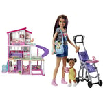 Barbie Dreamhouse Playset - Dollhouse with Wheelchair-Accessible Elevator & Babysitting Playset with Skipper Doll, Baby Doll, Bouncy Stroller and Themed Accessories for 3 to 7 Year Olds, FJB00