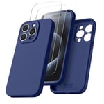 JZG Coque Compatible avec iPhone 15 Pro avec 2 Verre Trempé, Etui de Protection iPhone 15 Pro en Silicone Liquide Antichoc avec Microfibre Douce 6,1 Pouces(Bleu Marine)