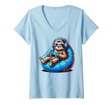 Womens Sloth Gamer with Headphones and Controller V-Neck T-Shirt