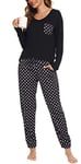 Lovasy Ensemble Pyjama Femme Coton Long Hiver Grande Taille Haut et Pantalon Pyjama Ensemble 2 Pièces,Noir, S