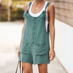 Womens Linen Cotton Jumpsuit Dungarees Pocket Shorts Dark Green M