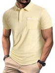 YUNDAI Mens Polo Shirts Summer Short Sleeve Breathable Cotton Buttons T-Shirt Casual Golf Tennis Gym Tops for Men UK with Pocket, Small Apricot