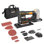 WORX 18V(20V MAX) Cordless Multi Sander, PowerShare, 5 in 1: Orbital, Finishing, Detail, Contour and Finger Sander, Variable Speed, 5X Sanding Pads, 15x Sanding Paper, Without Battery, WX820.9