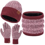 Hommes Femmes Hiver Bonnet Thermique Gants Tactiles Echarpe Ensemble Cache-Cou Tricoter Chapeau avec Doublure Polaire Cadeaux Noel Femme Homme