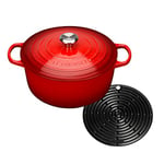 Le Creuset Signature Cast Iron Round Casserole with Cool Tool, 28 cm - Cerise