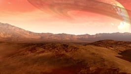 A Mars-like red planet with an arid landscape rocky hills and mountains and a giant moon at the horizon with Saturn-like rings for space exploration and science fiction backgrounds