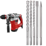 Einhell Marteau perforateur TE-RH 38 3F (1 050 W, force de frappe de 9 J, mandrin SDS Max, butée de profondeur en métal, performance de perçage de 38 mm dans le béton) + Jeu de 5 forets et burins